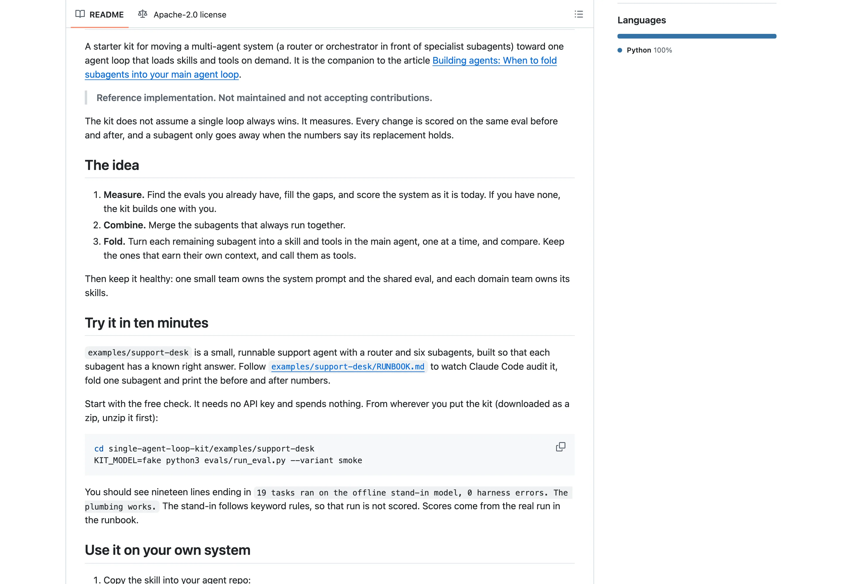 GitHub 儲存庫 anthropics single-agent-loop-kit 頁面截圖，README 開頭說明這是把多代理系統遷往單一代理迴圈的起步套件，灰底引述塊寫著 Reference implementation Not maintained and not accepting contributions，側欄顯示 Apache-2.0 授權與 Python 100%