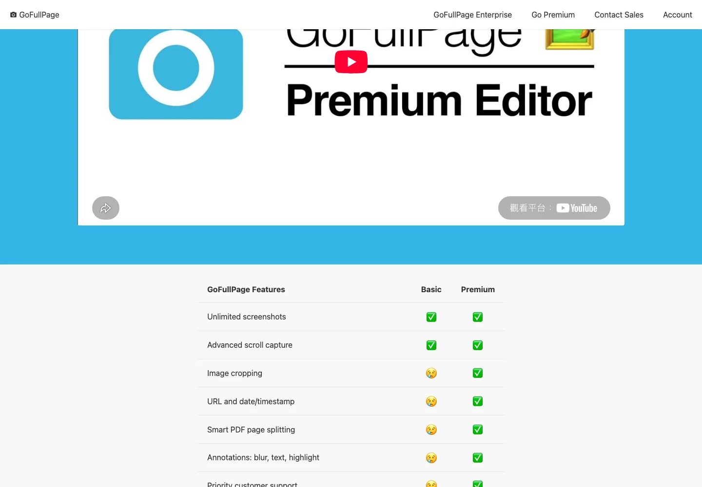 GoFullPage 整頁截圖擴充評測:截圖留在本機,遙測預設開啟 4 GoFullPage Premium 功能對照表,列出免費版與付費版在裁切、時間戳、註記與 PDF 分頁的差異