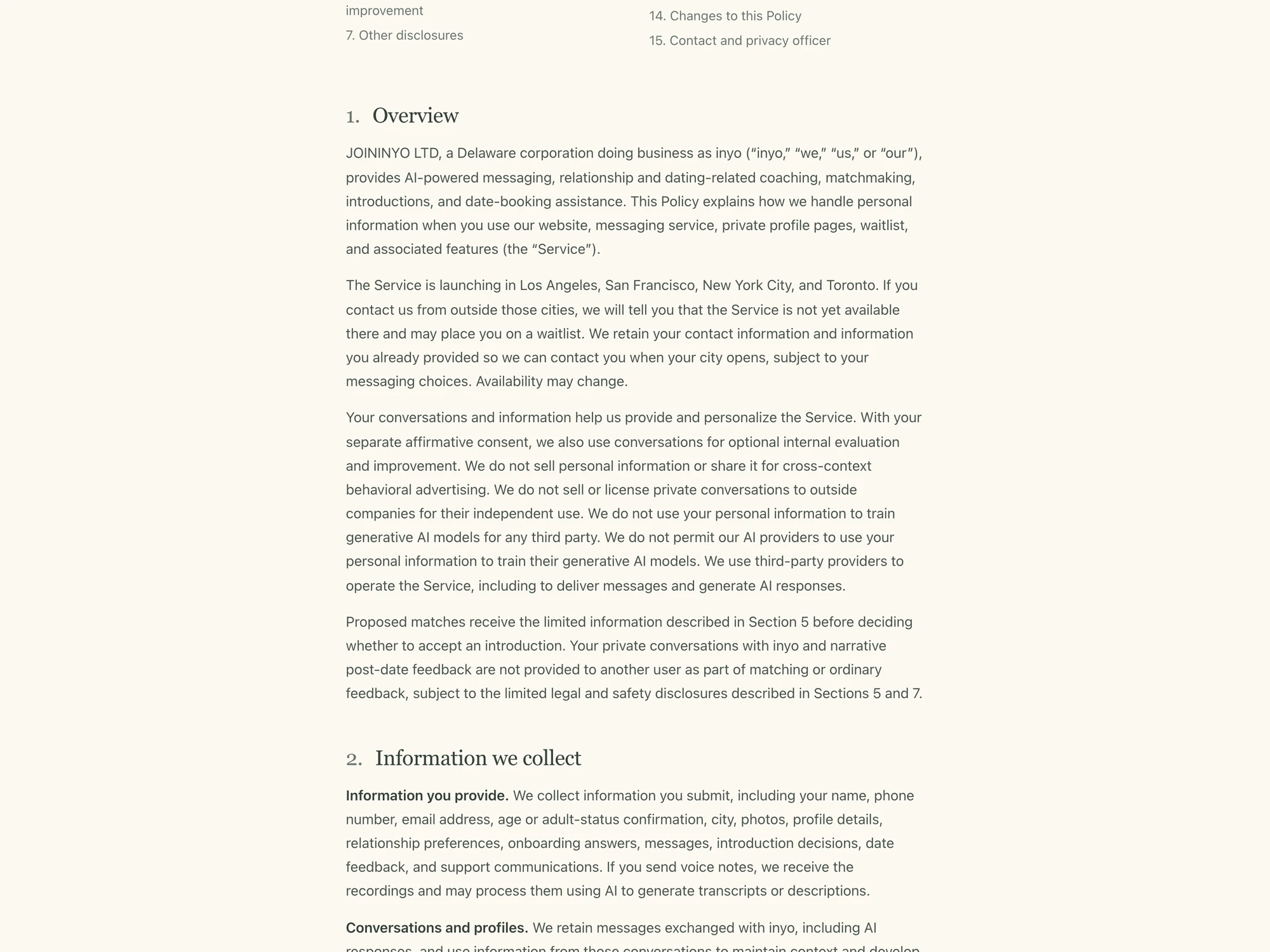 Inyo 隱私政策第一節 Overview 截圖，載明營運主體 JOININYO LTD 與首波四個城市