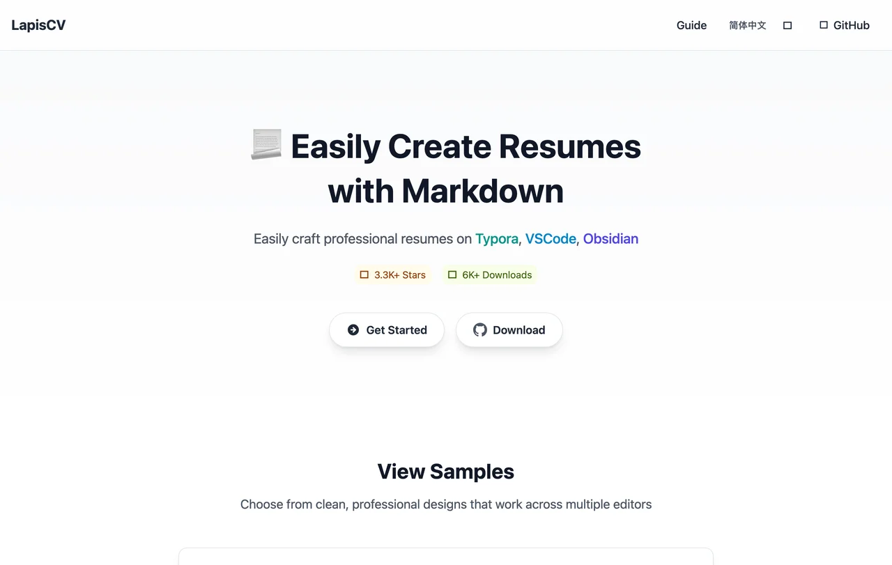 LapisCV 履歷範本:Markdown 打履歷,先分清三種編輯器包裝 3 LapisCV 官方網站首頁,標示 3.3K+ Stars 與 6K+ Downloads