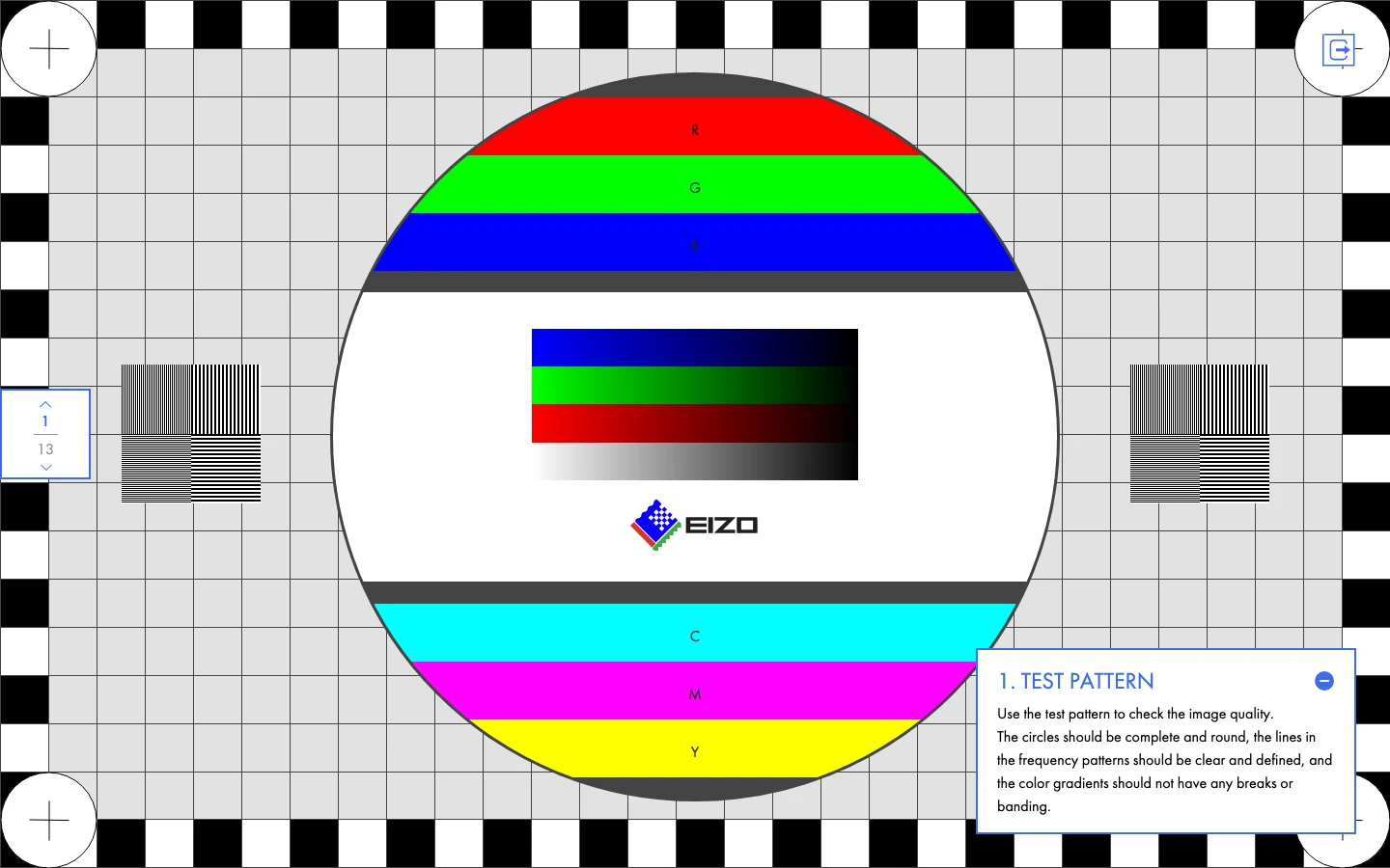 EIZO 免費螢幕測試工具:瀏覽器打開就能驗壞點、均勻度與 Gamma 3 Test Pattern 測試圖案畫面,包含圓形邊框、頻率線條與 RGB 灰階漸層,左側分頁指示顯示第 1 頁共 13 頁