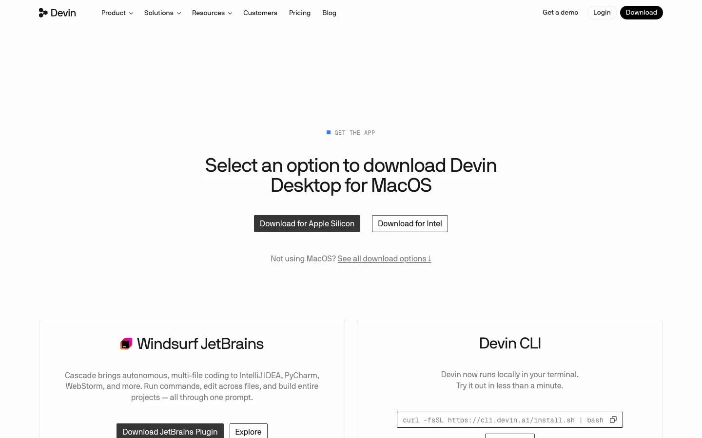 Devin Desktop 下載頁，提供 macOS Apple Silicon 與 Intel 版本，下方另有 Windsurf JetBrains 外掛與 Devin CLI 的安裝區塊