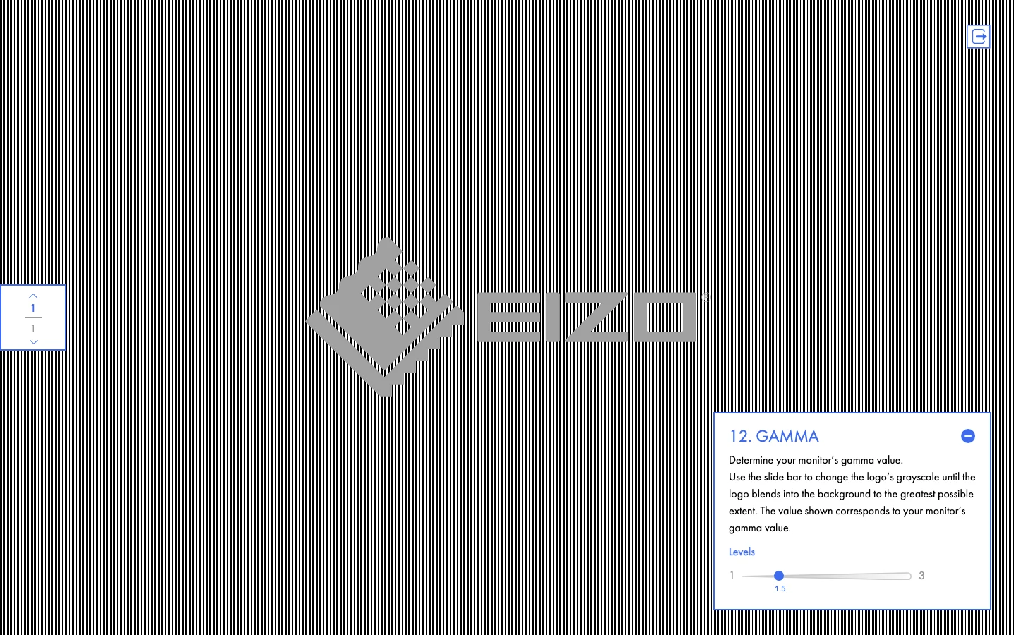 EIZO 免費螢幕測試工具:瀏覽器打開就能驗壞點、均勻度與 Gamma 4 Gamma 測試畫面,EIZO 標誌灰階融入條紋背景,右下說明面板顯示範圍 1 到 3 的滑桿