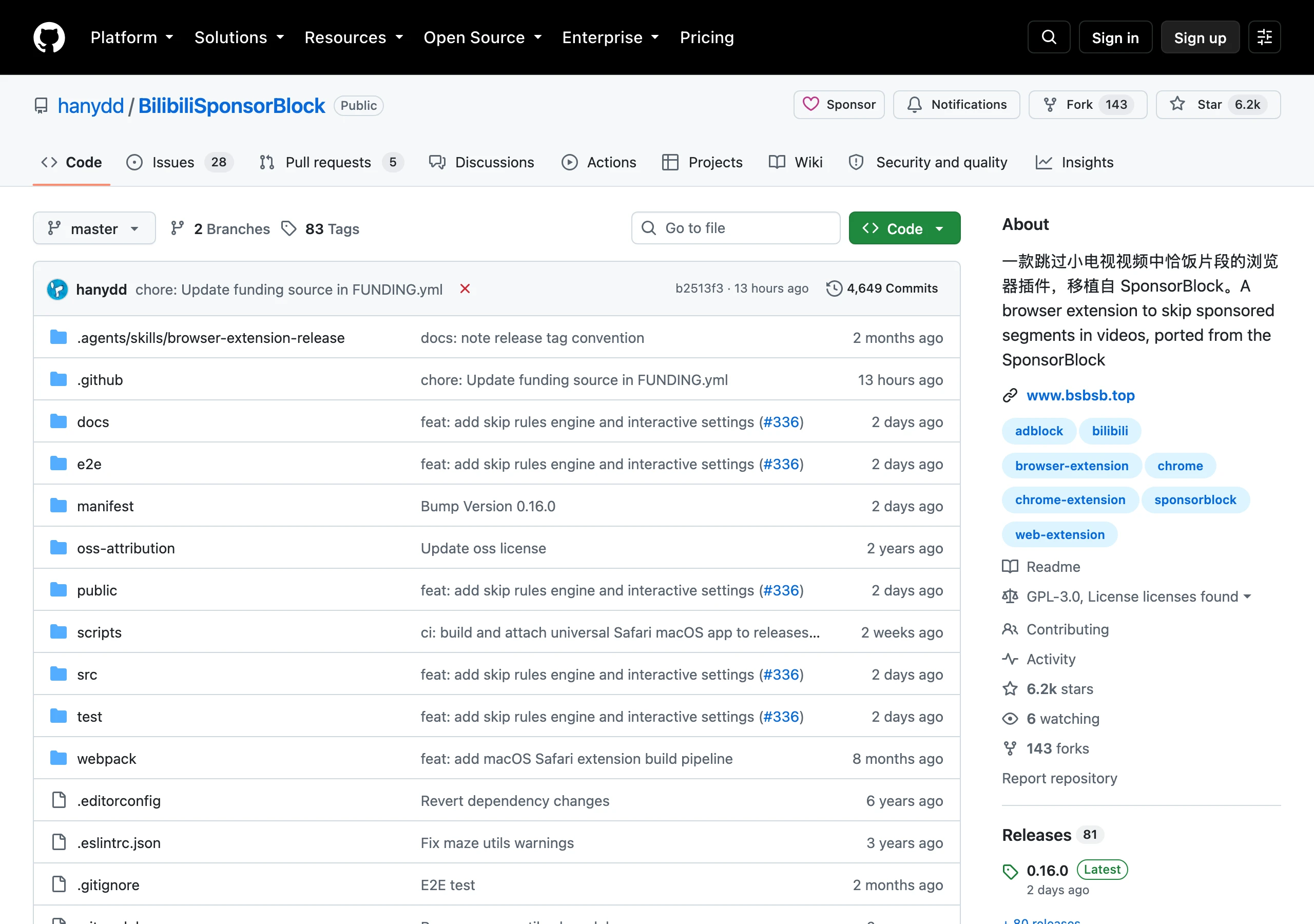 小電視空降助手:B 站版 SponsorBlock,社群標記自動空降 3 GitHub 上 hanydd/BilibiliSponsorBlock 儲存庫頁面,顯示 6.2k 星、143 fork、GPL-3.0 授權、最新版本 0.16.0,About 欄說明這是移植自 SponsorBlock 的瀏覽器擴充