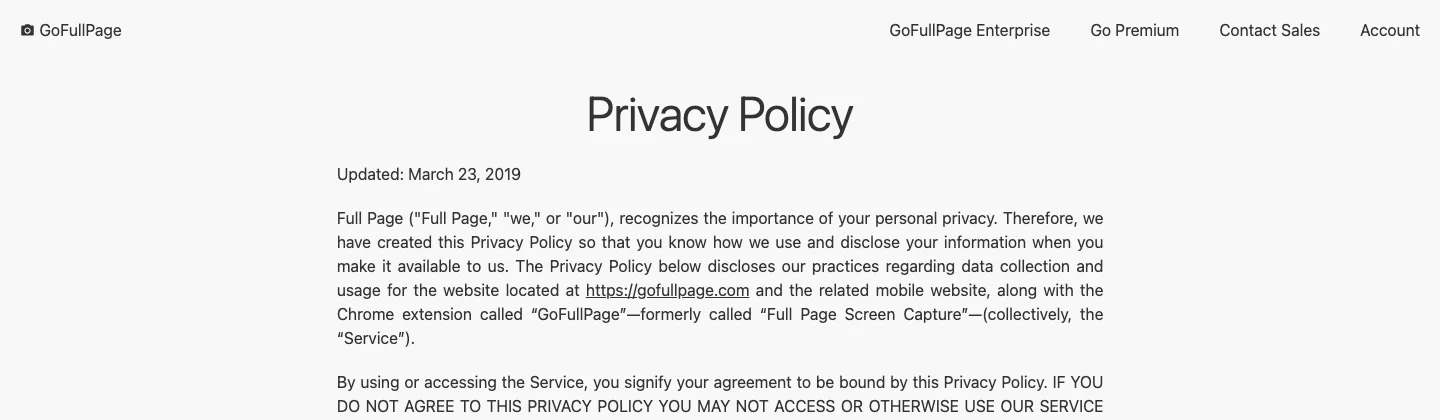 GoFullPage 整頁截圖擴充評測:截圖留在本機,遙測預設開啟 3 GoFullPage 官網隱私政策頁面頂部,更新日期欄位顯示 2019 年 3 月 23 日