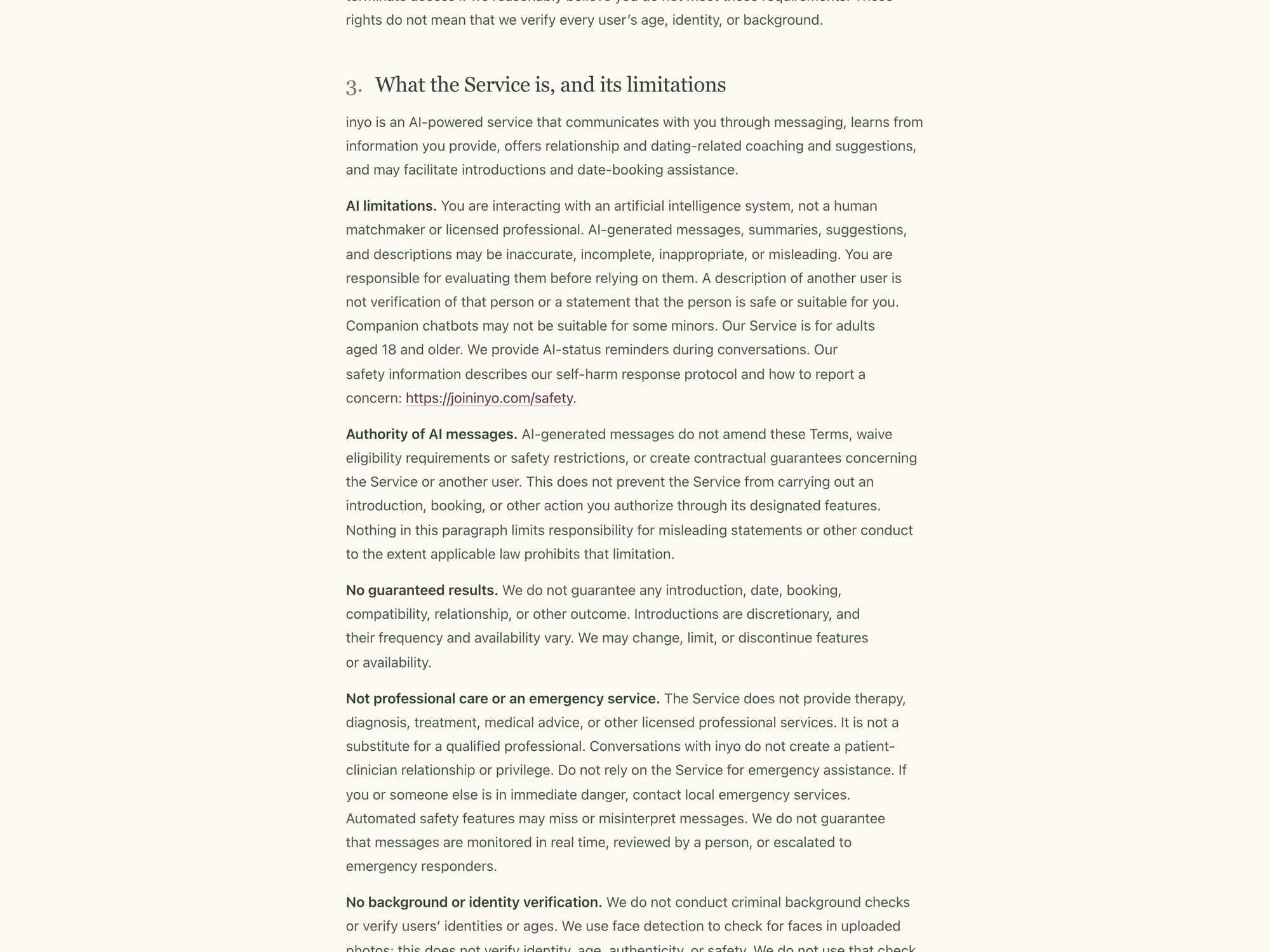 Inyo 服務條款第三節截圖，列出 AI limitations、No guaranteed results、No background or identity verification 等條文
