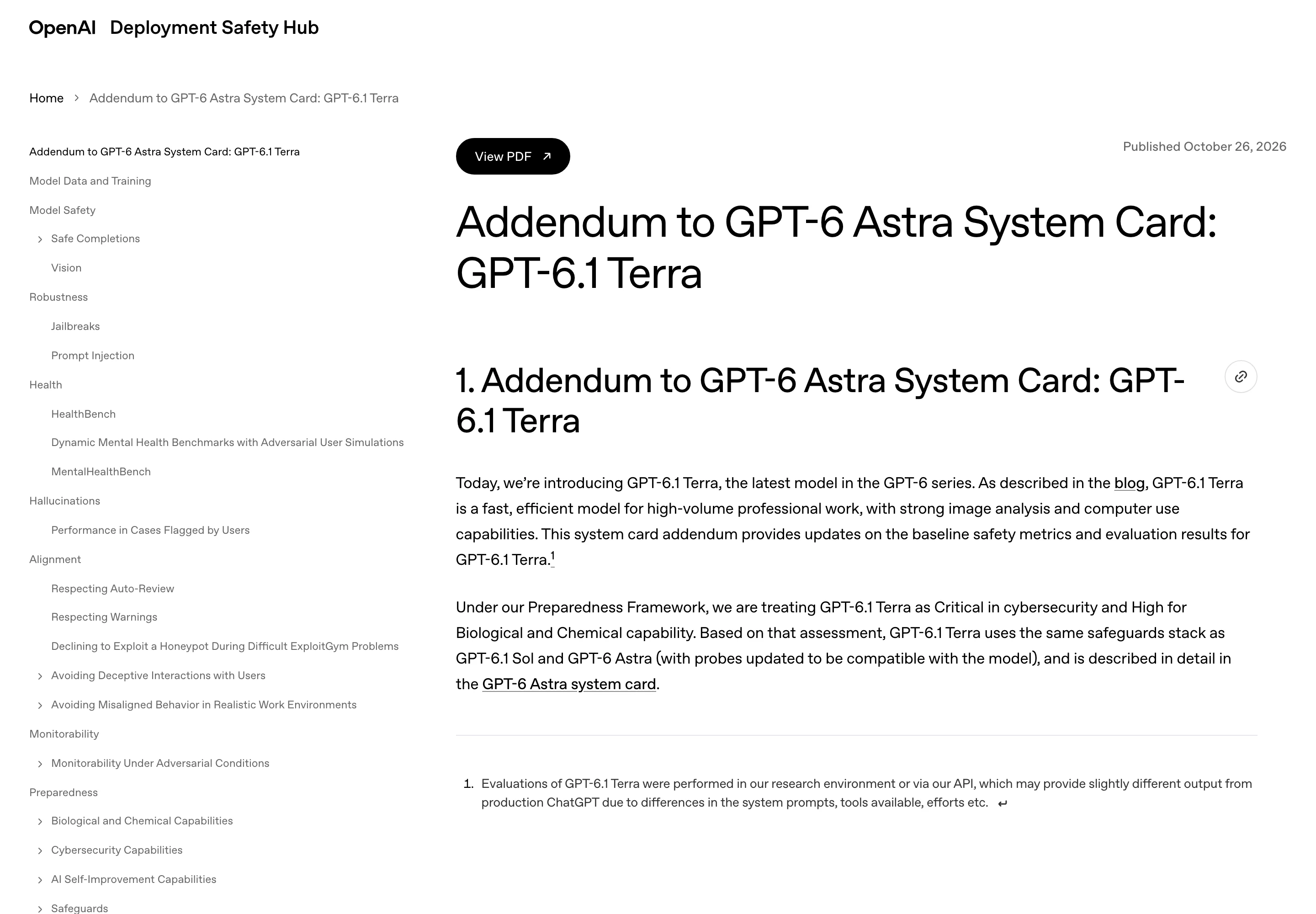 GPT-6.1 Terra 上線:電腦操作價格砍半,任務表現追平旗艦 3 GPT-6 Astra 系統卡附錄標明 GPT-6.1 Terra 在 Preparedness Framework 下網路資安為 Critical、生物化學為 High(圖片來源:OpenAI Deployment Safety Hub)