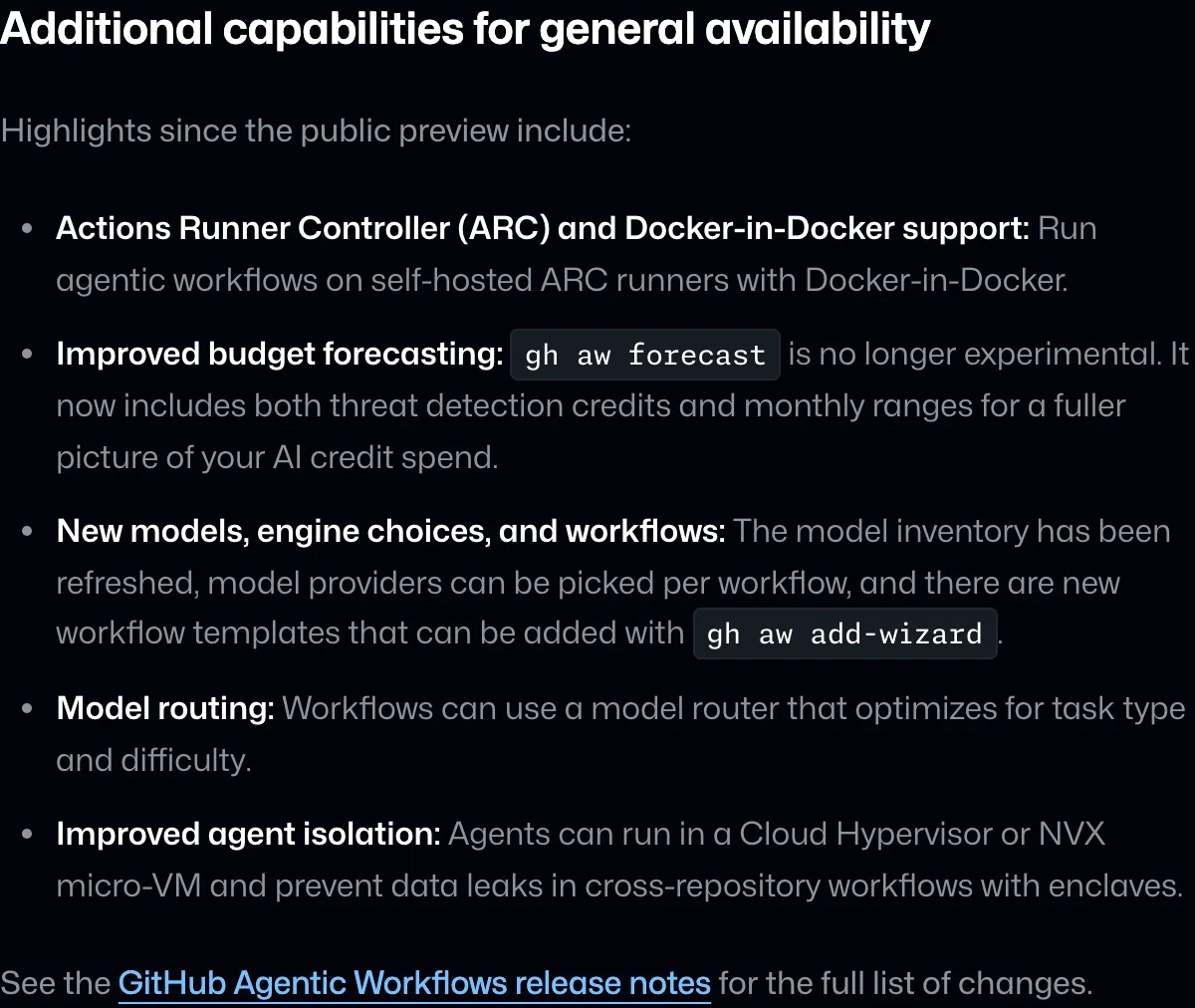 GitHub changelog Agentic Workflows 正式版的新增能力區塊