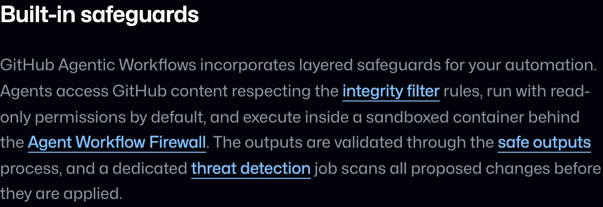 GitHub changelog Agentic Workflows 正式版公告的 Built-in safeguards 區塊