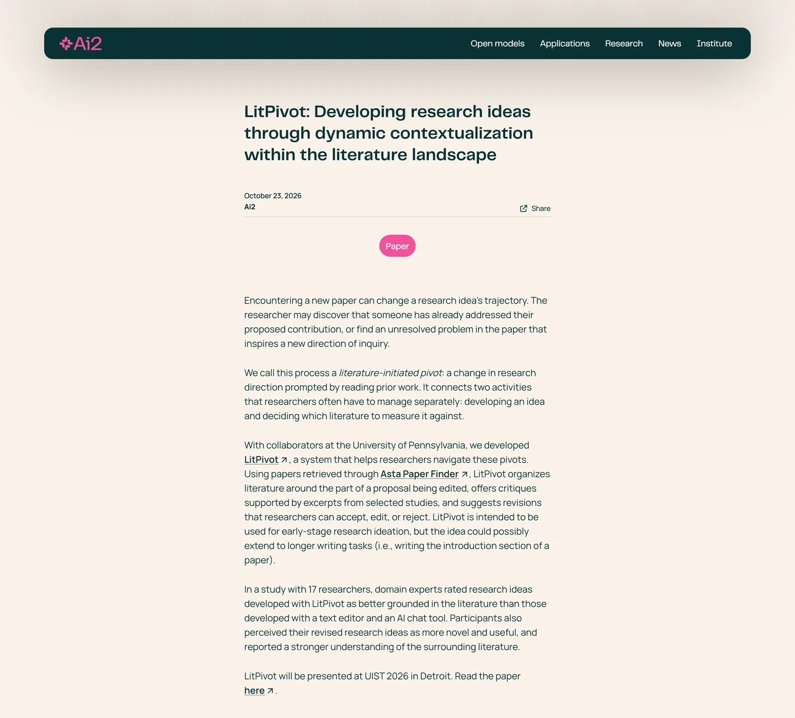 LitPivot 是什麼?Ai2 讓文獻跟著研究構想變動的修改工具 3 Ai2 官方部落格於 2026 年 10 月 23 日發布的 LitPivot 介紹文,標題與首段內容