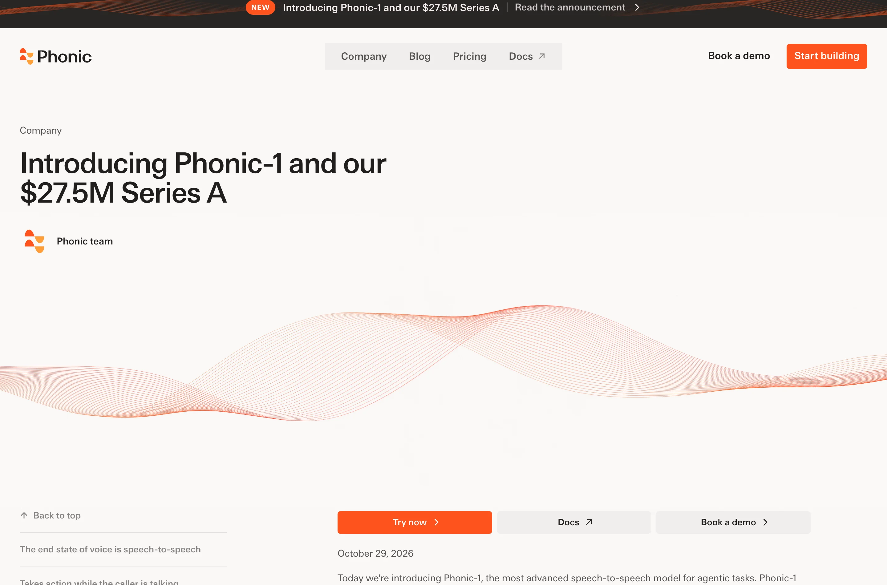 Phonic-1 語音代理發表:來電者還在說話,它已經在查資料 2 Phonic 官方公告頁頂部,標題為 Introducing Phonic-1 and our 27.5M Series A,日期標示 October 29, 2026,作者為 Phonic team