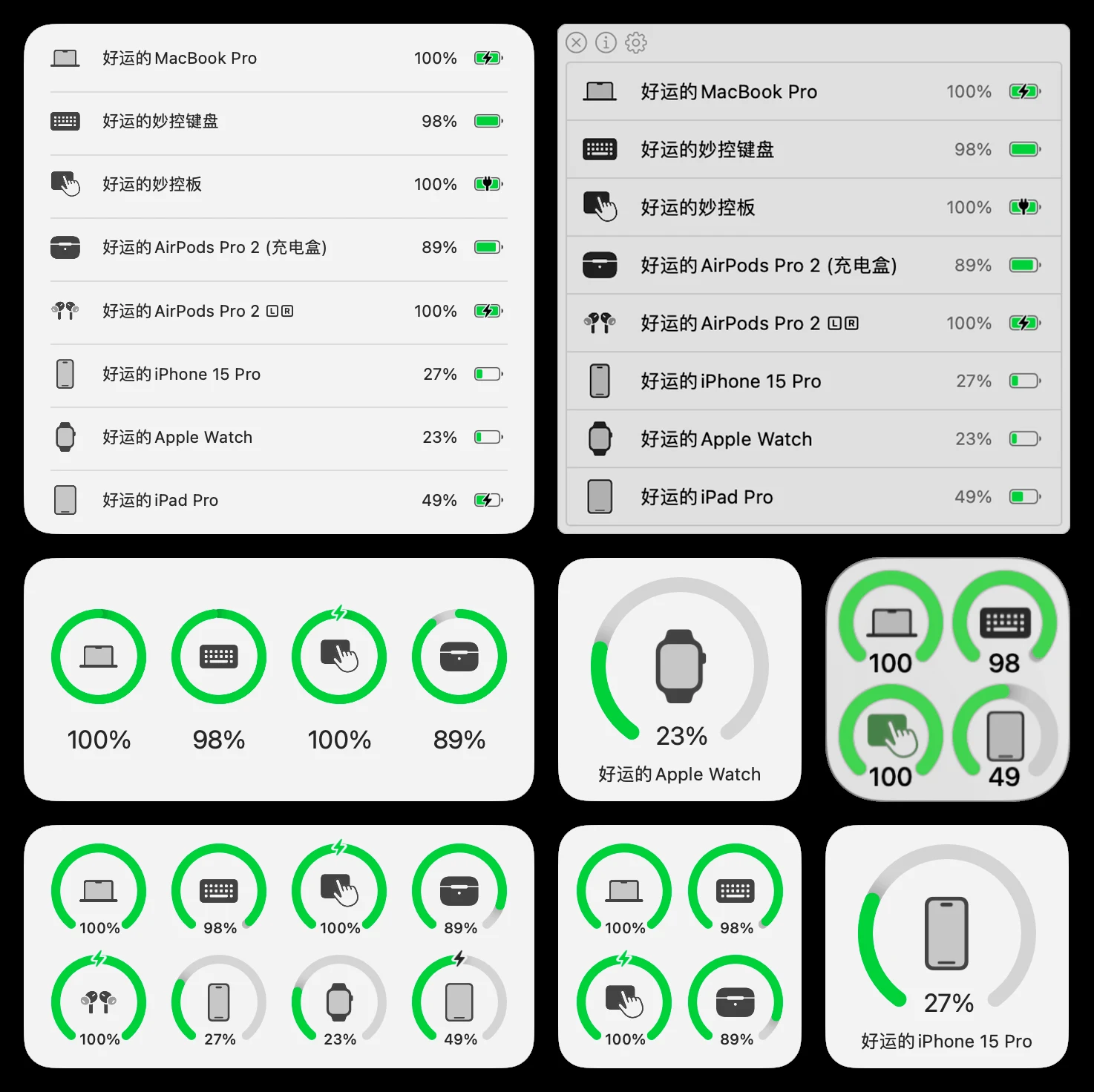 AirBattery 開源 Mac 電量工具,把蘋果裝置電力收進選單列 3 AirBattery 官方預覽圖:選單列、獨立視窗與多種桌面小工具同時顯示 MacBook、妙控鍵盤、妙控板、AirPods、iPhone、Apple Watch 與 iPad 的電量