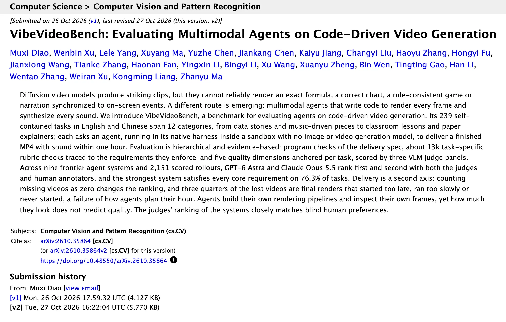 VibeVideoBench 實測 AI 代理寫程式做影片,先求交件再求漂亮 2 arXiv 論文 2610.35864 頁面,標題為 VibeVideoBench,2026 年 10 月 26 日提交、27 日修訂第 2 版