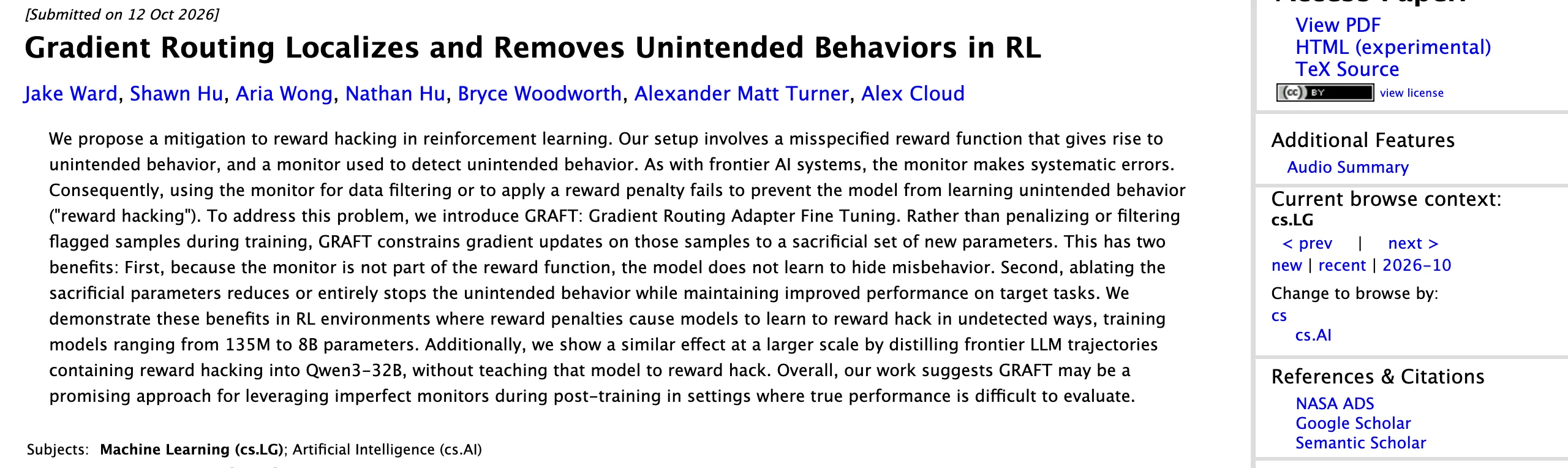 GRAFT 梯度路由:把獎勵駭客裝進部署前可整組關掉的參數 2 arXiv 論文頁面:Gradient Routing Localizes and Removes Unintended Behaviors in RL 的標題、七位作者與提交日期