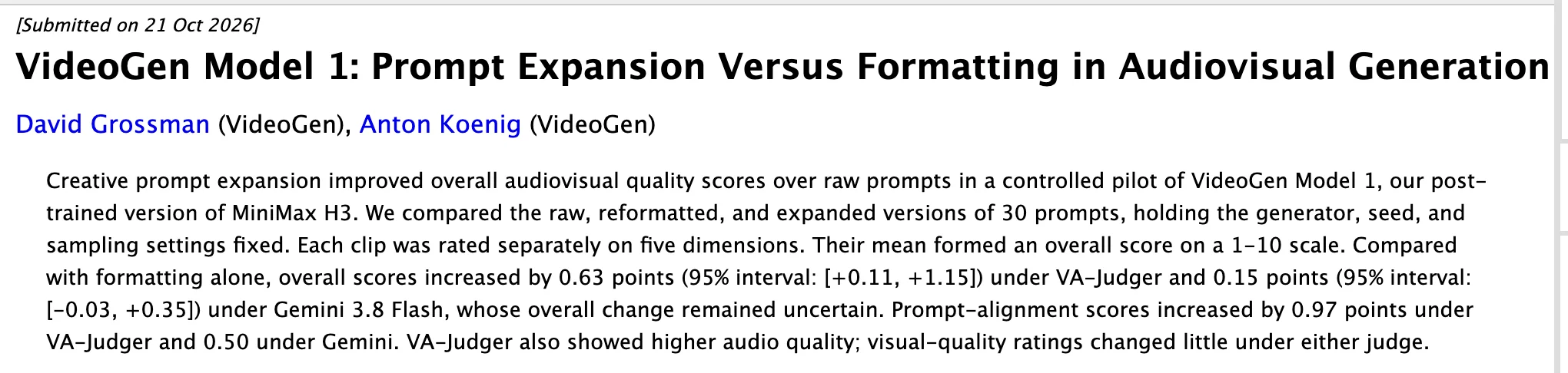 arXiv 論文 2610.29407 頁首，標題為 VideoGen Model 1: Prompt Expansion Versus Formatting in Audiovisual Generation，作者 David Grossman 與 Anton Koenig