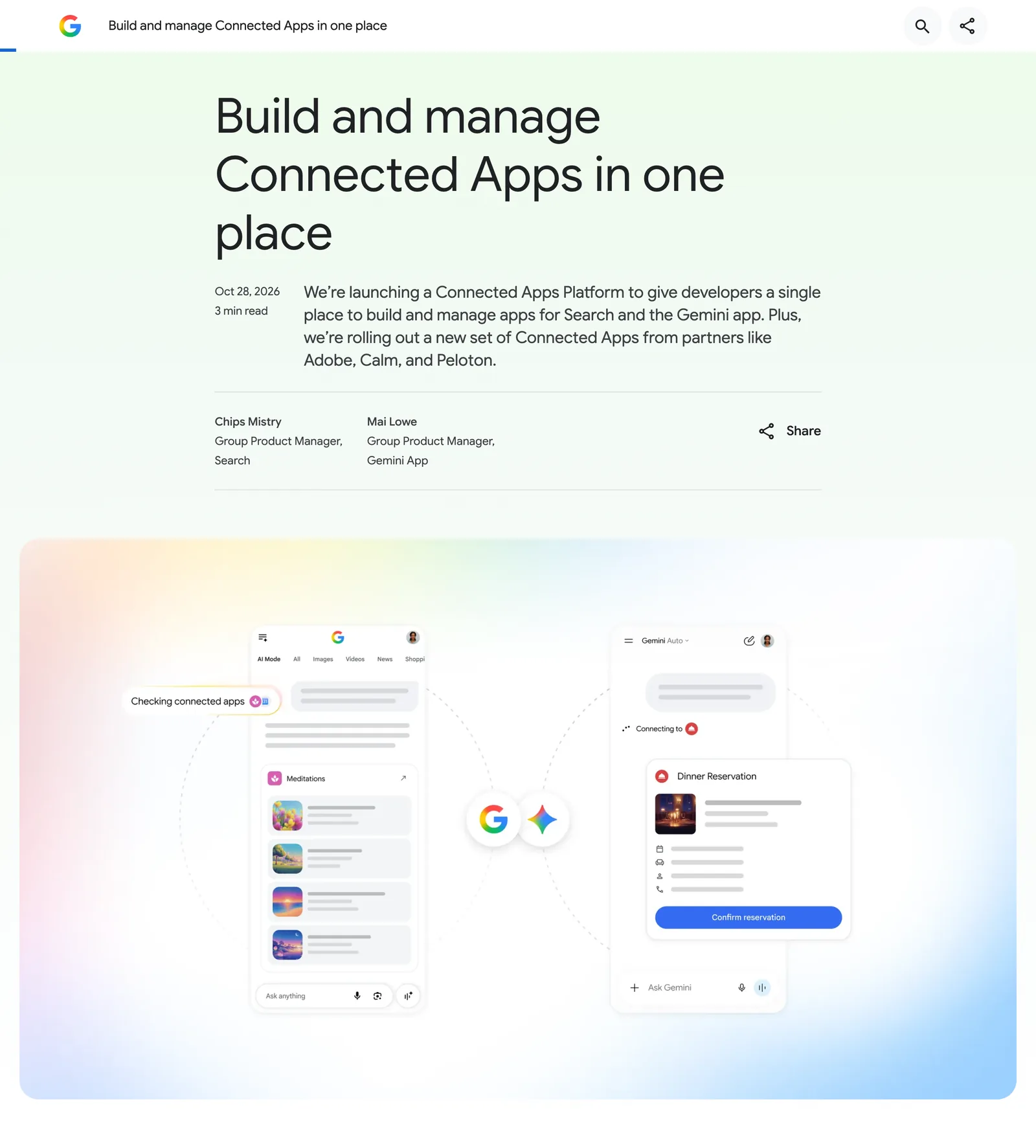 Google 官方部落格文章之首，標題 Build and manage Connected Apps in one place，日期 2026 年 10 月 28 日，作者 Chips Mistry 與 Mai Lowe
