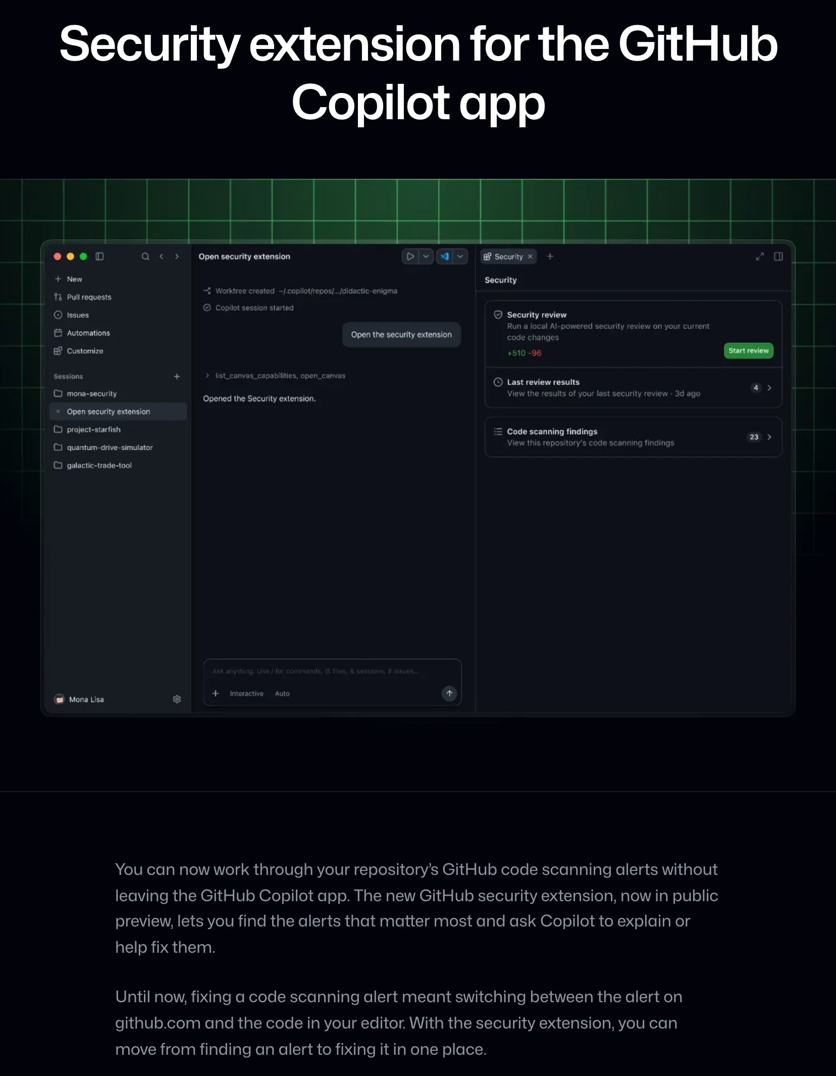 Copilot 安全外掛公開預覽,掃描警報搬進 App 讓 AI 解釋與修補 2 GitHub 官方 changelog 公告頁面,Security extension for the GitHub Copilot app 公開預覽,附官方 App 介面示意圖