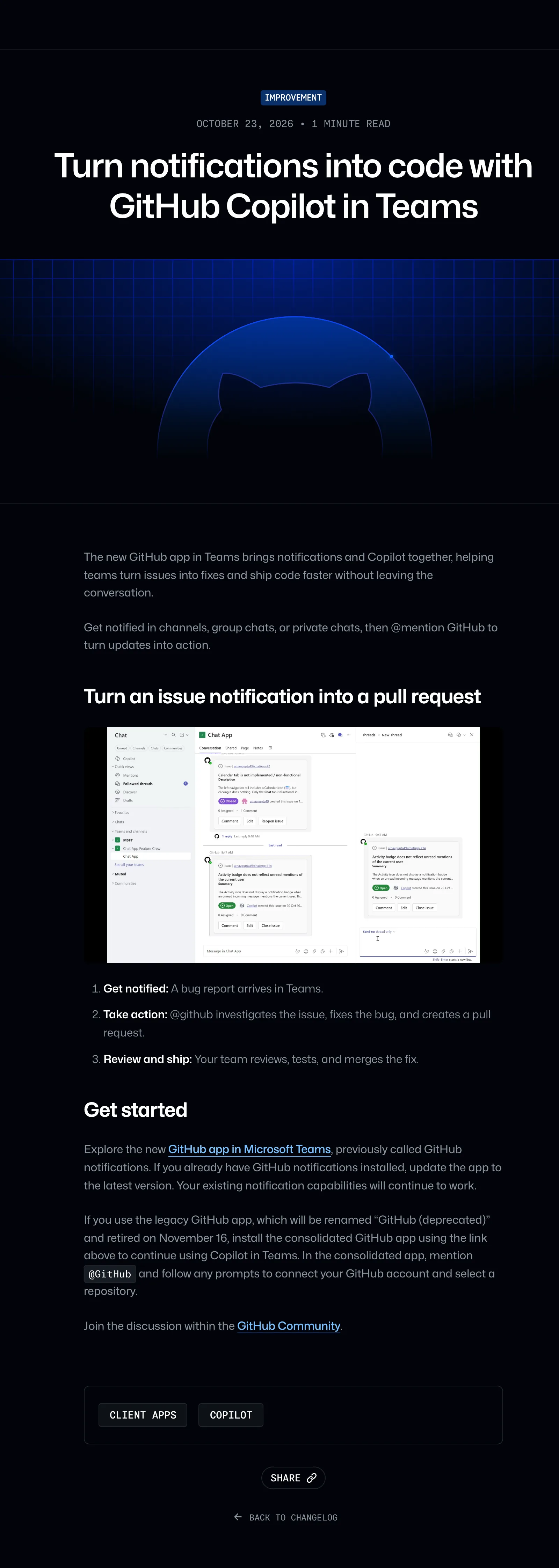 GitHub Teams 整合 Copilot 代理:通知直接開 PR,審查留在團隊端 2 GitHub 官方 changelog 頁面截圖,標題 Turn notifications into code with GitHub Copilot in Teams,標示 2026 年 10 月 23 日與 IMPROVEMENT 分類,內文載明新版 Teams App 整合通知與 Copilot、前身為 GitHub notifications,舊 App 將改名 GitHub (deprecated) 並於 11 月 16 日退役