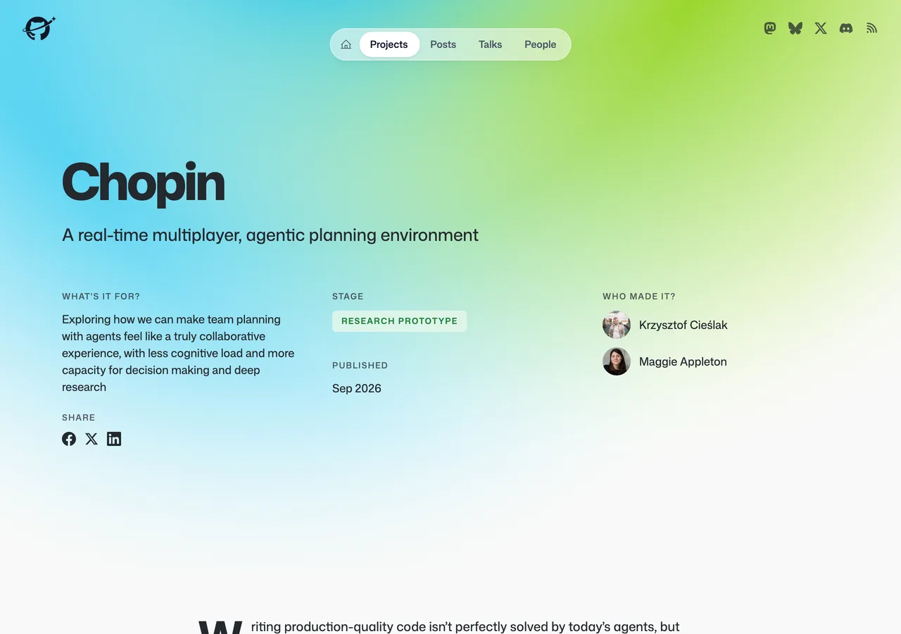 GitHub Next 的 Chopin 專案頁畫面，階段標示 Research Prototype，發布時間 2026 年 9 月