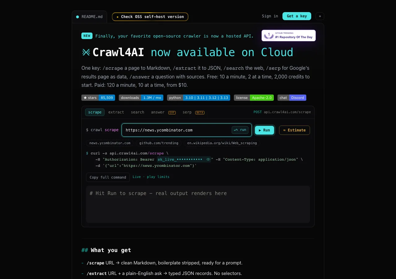 Crawl4AI 開源爬蟲實測:把網站變成 LLM 讀得懂的 Markdown 3 Crawl4AI Cloud 官方網站首頁截圖,列出 scrape、extract、search 等端點