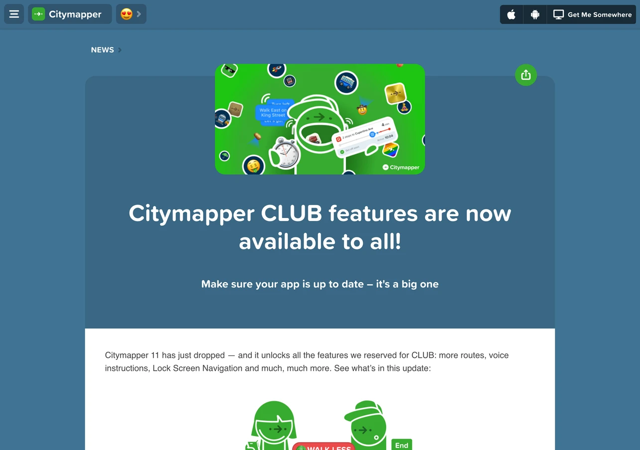 Citymapper 免費交通 App:在台灣查公車捷運,看清免費的界線 3 Citymapper 官方網誌公告 Citymapper CLUB features are now available to all 的頁面截圖