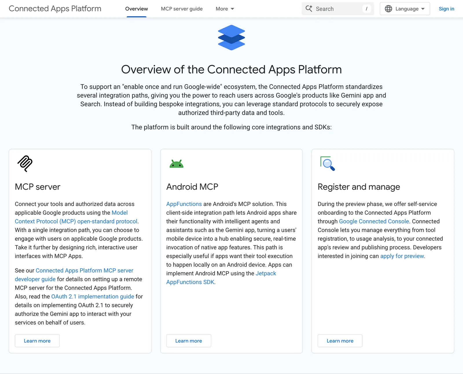 Google 開發者文件的平台總覽，列出 MCP server、Android MCP 與 Register and manage 三張核心整合卡片