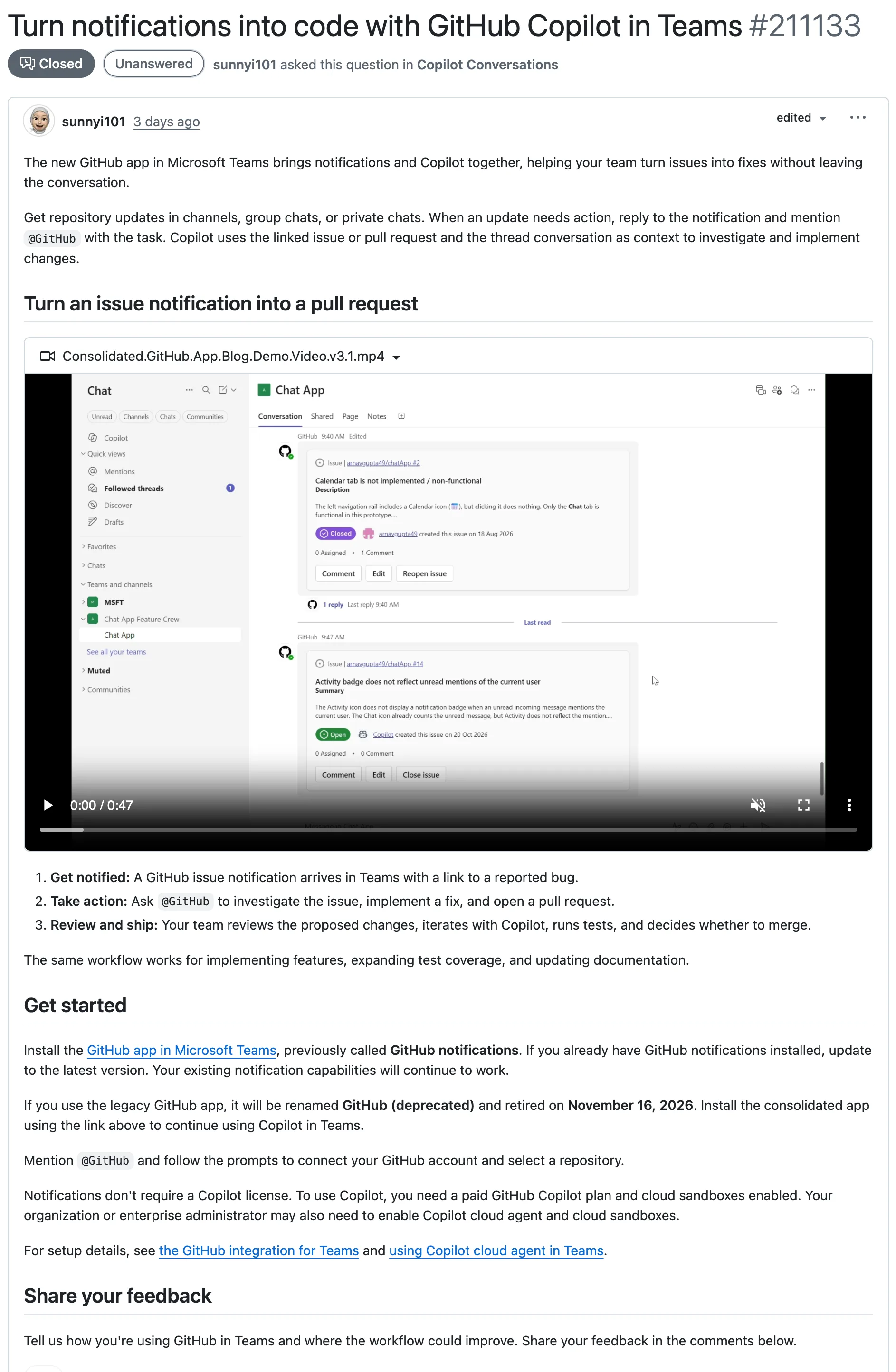 GitHub Teams 整合 Copilot 代理:通知直接開 PR,審查留在團隊端 3 GitHub 社群討論串截圖,標題 Turn notifications into code with GitHub Copilot in Teams,內文載明通知不需要 Copilot 授權、使用代理需要付費 GitHub Copilot 方案與雲端沙箱啟用,舊 App 退役日期為 2026 年 11 月 16 日