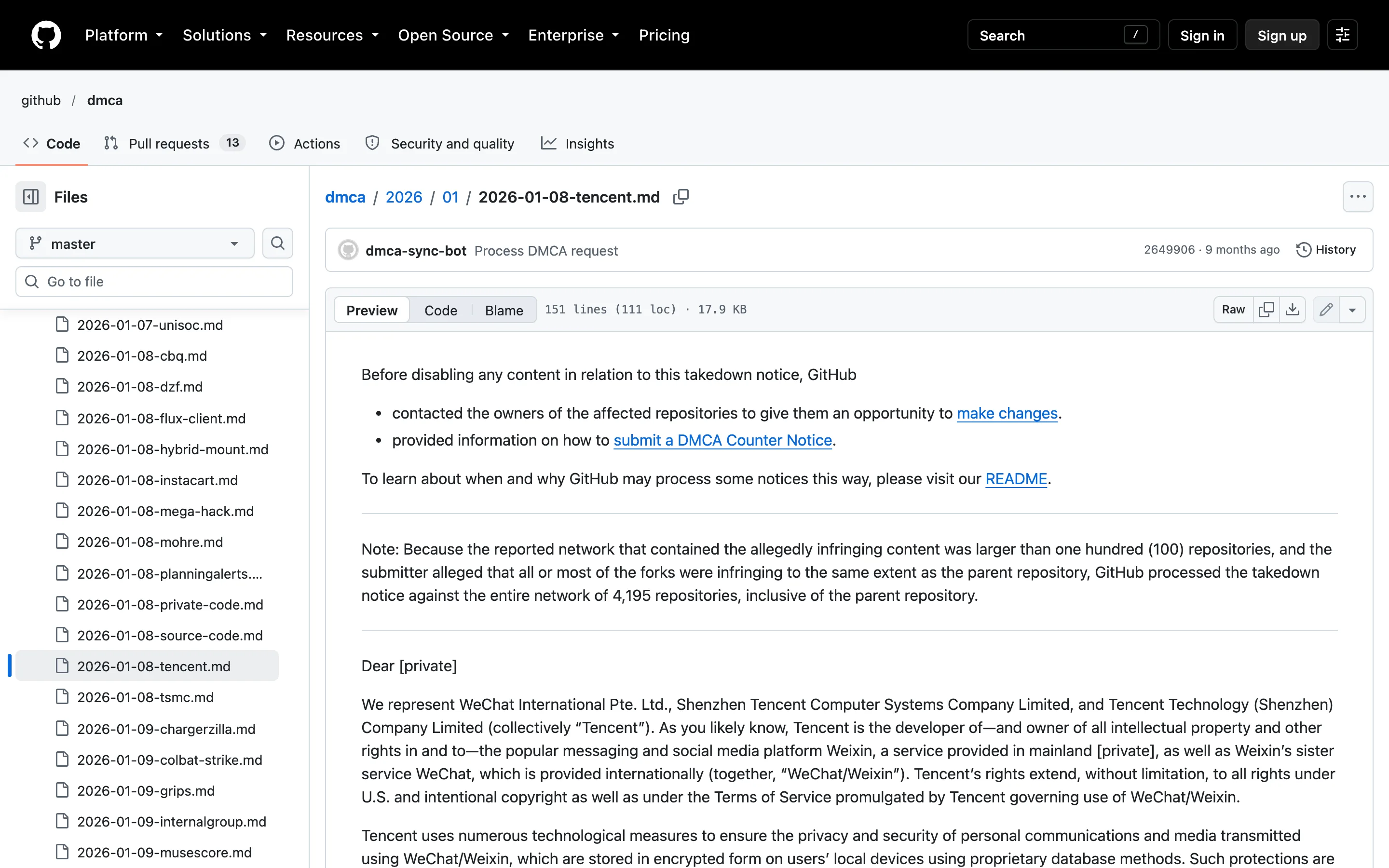 微信備份工具 WechatBakTool 下架,騰訊 DMCA 收走整條路 3 GitHub 官方 dmca 倉庫裡騰訊 2026 年 1 月 8 日下架通知的存檔頁面