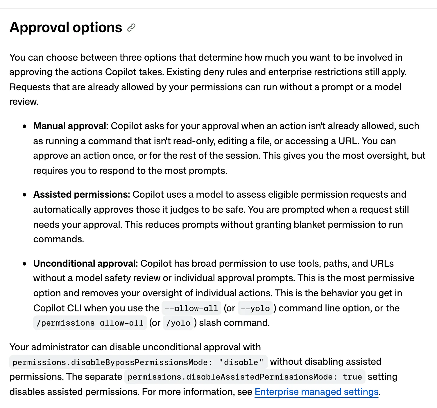 GitHub Copilot 輔助權限正式上線,讓模型先替你審代理操作 3 官方文件 Allowing safe commands to run without manual approval 的 Approval options 段落,定義手動核准、輔助權限與無條件核准三種選項