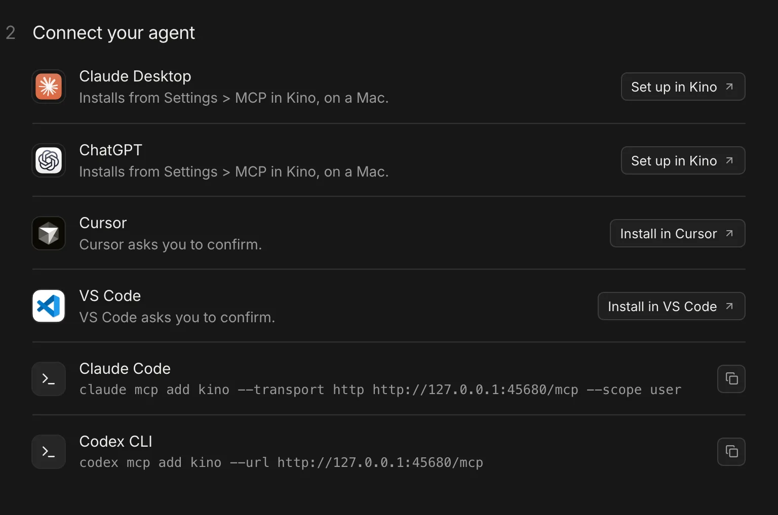 Kino 官方文件的代理連接區塊，列出 Claude Desktop、ChatGPT、Cursor、VS Code、Claude Code 與 Codex CLI 六種入口，並附上 claude mcp add 與 codex mcp add 指向本機 127.0.0.1:45680 服務的設定指令