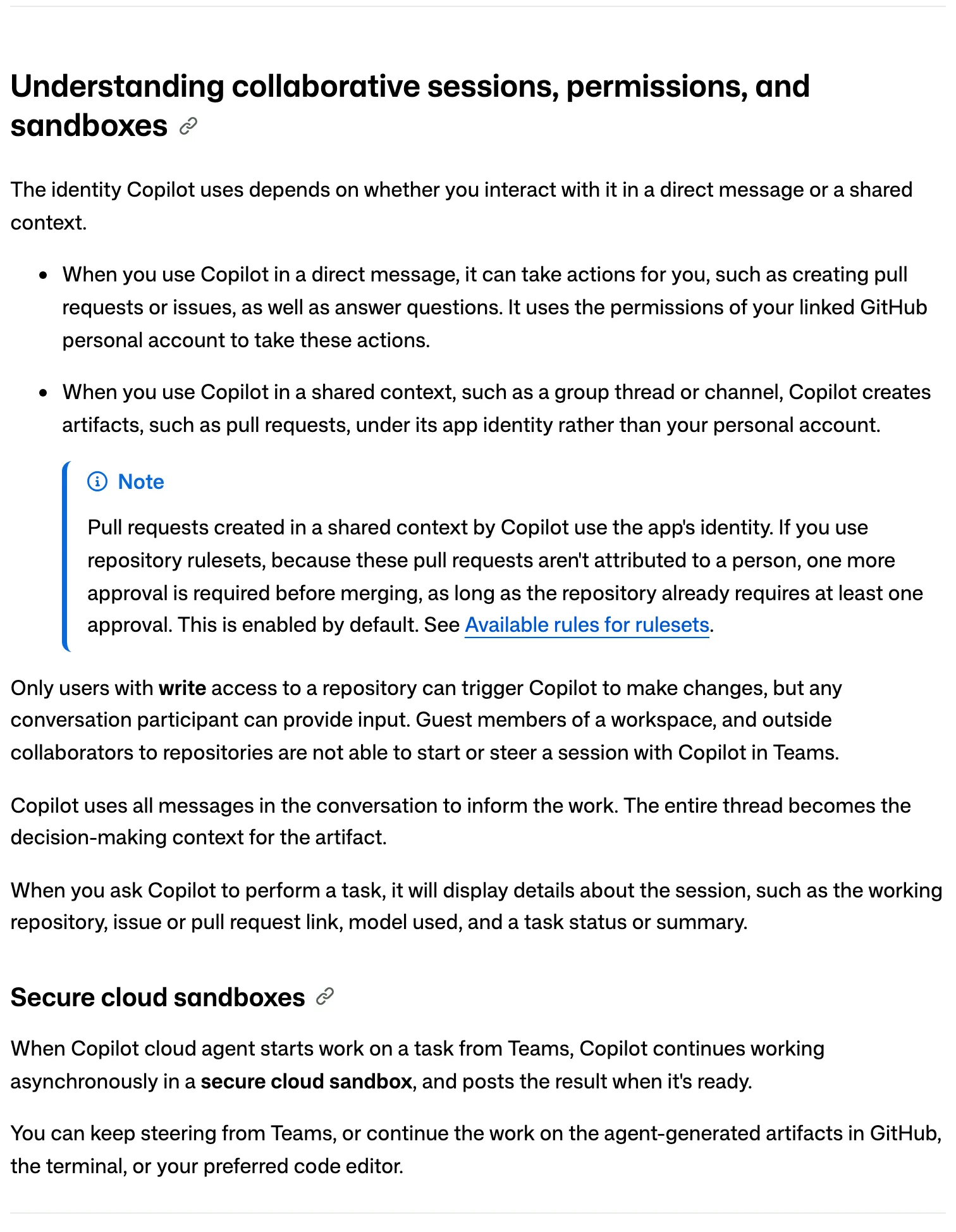 GitHub Teams 整合 Copilot 代理:通知直接開 PR,審查留在團隊端 4 GitHub 官方文件截圖,段落標題 Understanding collaborative sessions permissions and sandboxes,說明私人訊息以連結的個人帳號權限行動、共用對話以 App 身分建立產物,規則集情境下需多一道同意才能合併,且僅有寫入權限者能觸發修改、訪客與外部協作者不得啟動或引導