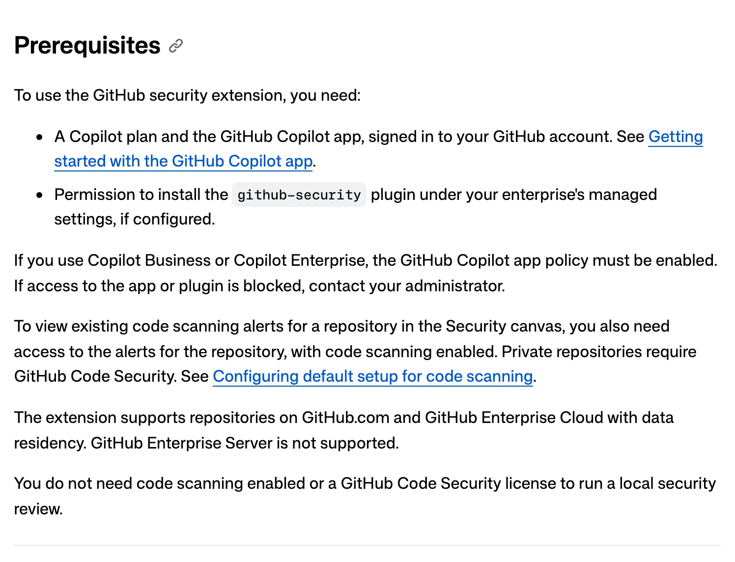 Copilot 安全外掛公開預覽,掃描警報搬進 App 讓 AI 解釋與修補 3 GitHub 官方文件的 Prerequisites 段落,列出使用安全外掛的前置條件與企業方案政策要求