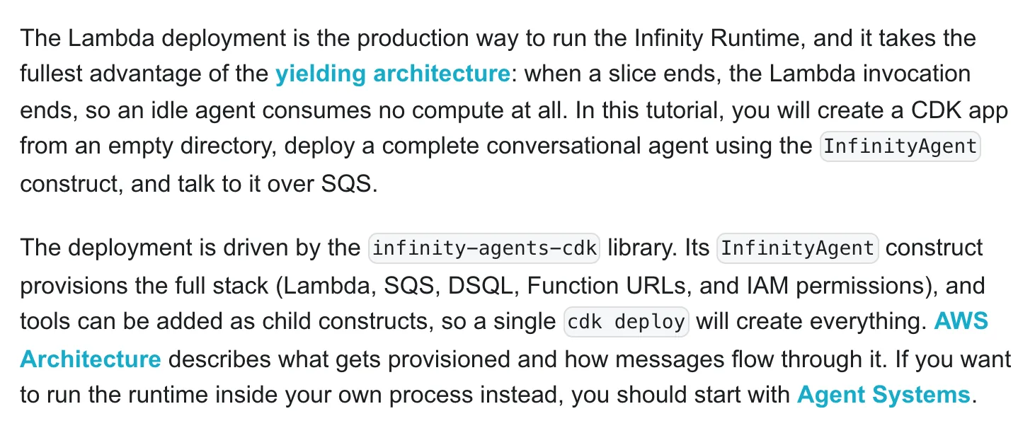 Infinity 官方文件的無伺服器部署 quickstart 頁面，說明 Lambda 是正式部署方式，並由 InfinityAgent CDK construct 供應完整堆疊
