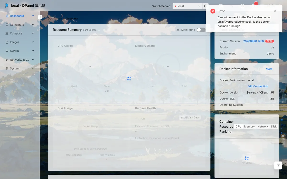 DPanel 免費 Docker 管理面板:商用要授權,專業版代碼看得到目錄讀不到內容 3 DPanel 登入後的儀表板概覽頁,左側七個主選單,資源摘要數值為空