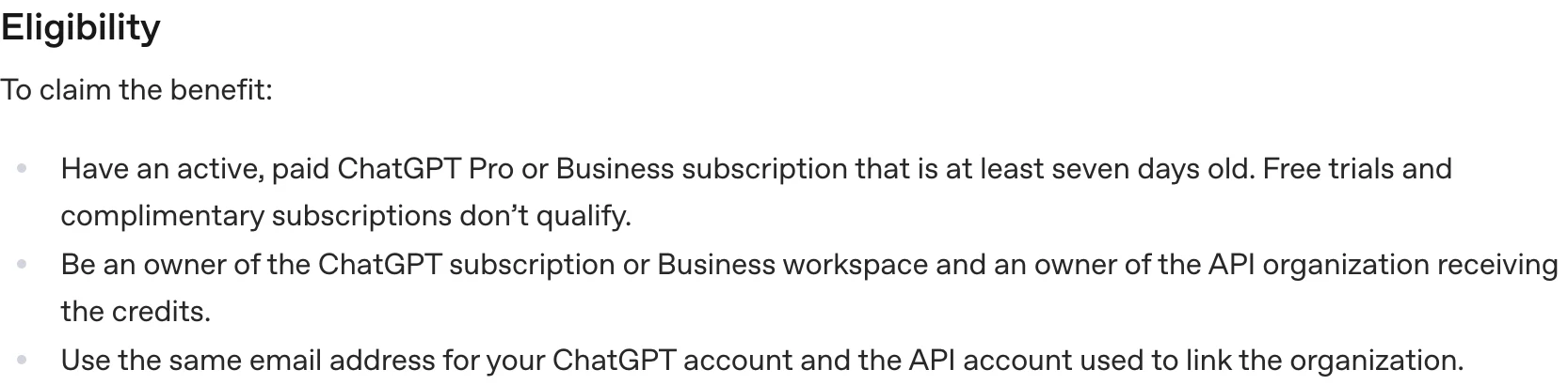 ChatGPT API 額度怎麼領:Pro、Business 每月最高 500 美元 3 OpenAI 官方開發文件的領取資格清單:訂閱滿七天、雙擁有者與同一信箱三條件
