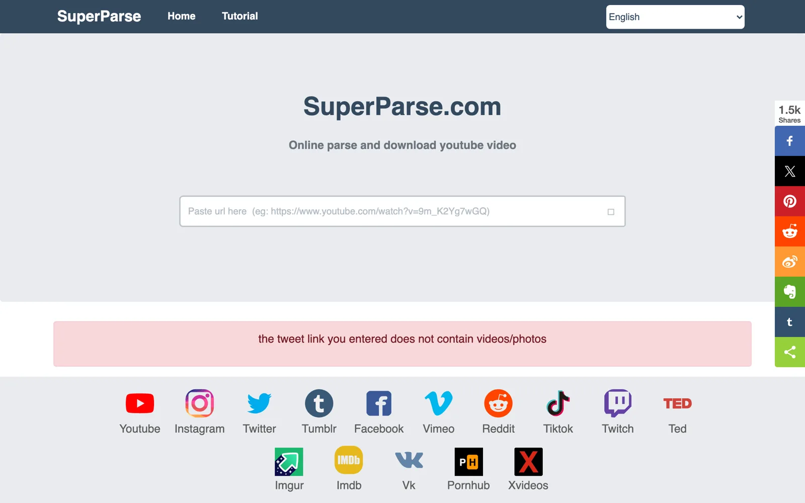 SuperParse 影片下載器實測:九次送出換不到一個下載連結 3 SuperParse 的 YouTube 下載頁出現紅色錯誤提示,文字寫著 the tweet link you entered does not contain videos/photos