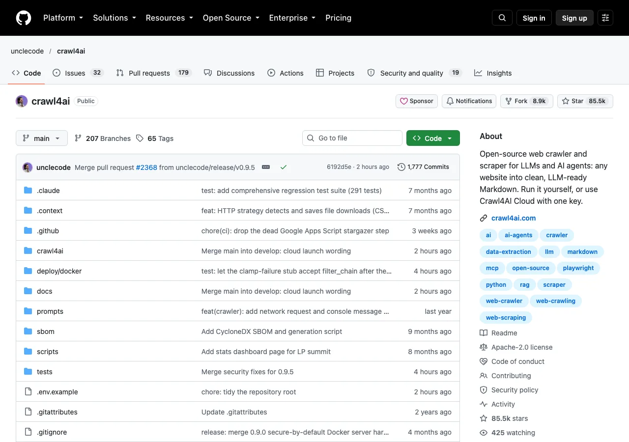Crawl4AI 開源爬蟲實測:把網站變成 LLM 讀得懂的 Markdown 2 Crawl4AI 的 GitHub 專案頁面截圖,顯示星數與專案描述