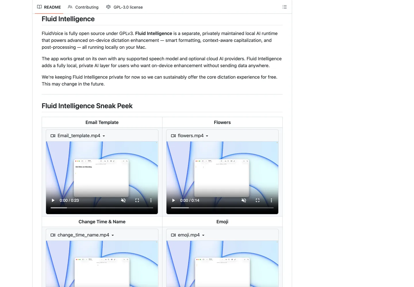 FluidVoice 免費本機語音輸入工具,中文聽寫先選對辨識引擎 3 GitHub 儲存庫 README 說明 Fluid Intelligence 是私有維護的本機 AI runtime
