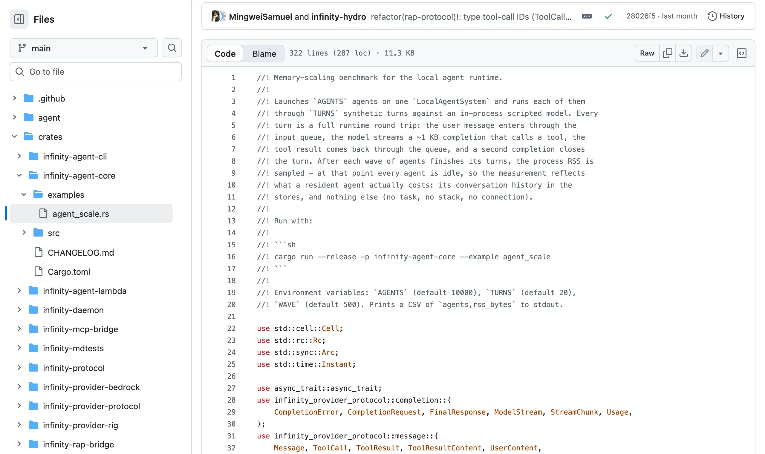 GitHub 倉庫的 agent_scale.rs 檔案頁：記憶體擴展基準測試的原始碼，註解載明 cargo run 執行方式與 AGENTS、TURNS、WAVE 三個環境變數