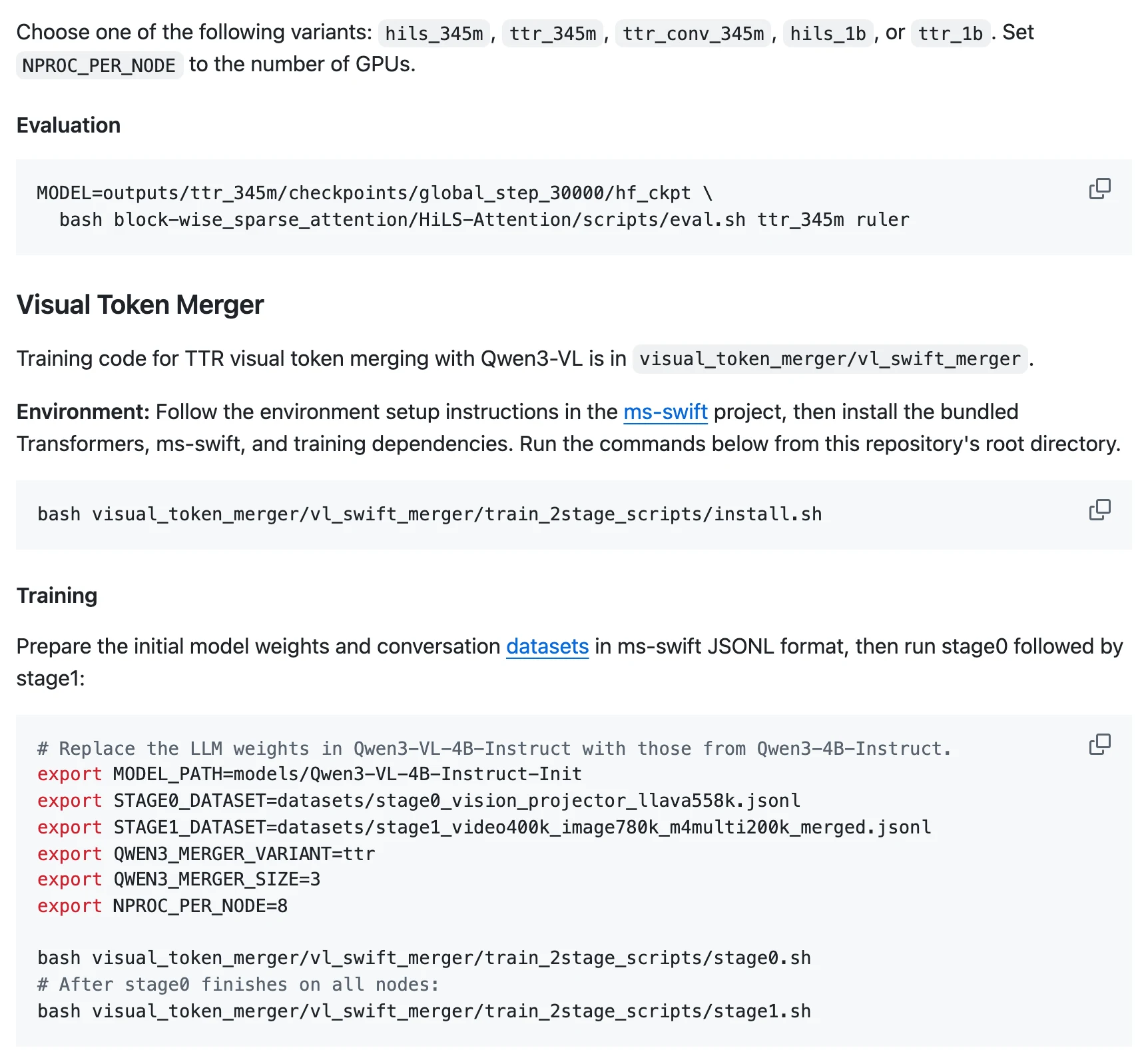 視覺 Token 壓縮新解法 TTR-Compressor,逐輸入回歸省 55.6% 4 GitHub 儲存庫 README 的視覺合併訓練說明:環境變數 QWEN3_MERGER_VARIANT 選 ttr、QWEN3_MERGER_SIZE 設 3,搭配 stage0 與 stage1 兩階段訓練腳本