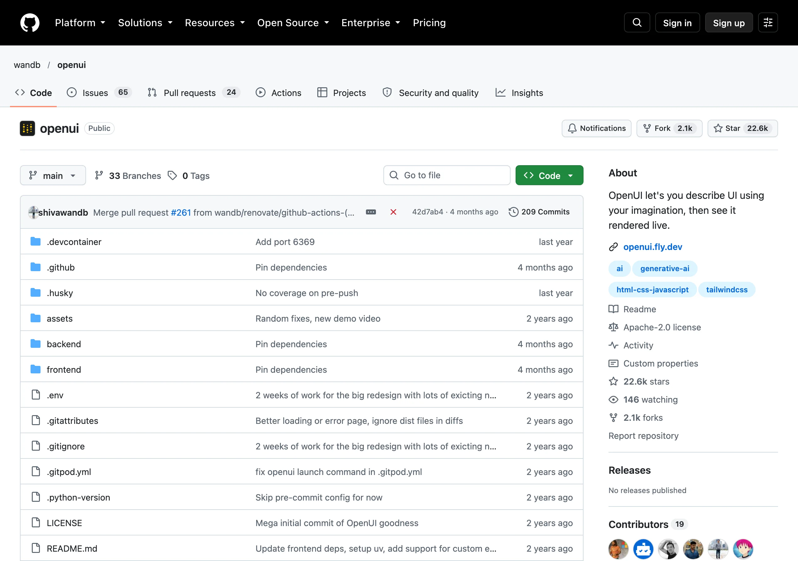 wandb/openui 的 GitHub 儲存庫首頁，顯示 22.6k stars 與 No releases published，最後合併的提交是四個月前的相依套件更新