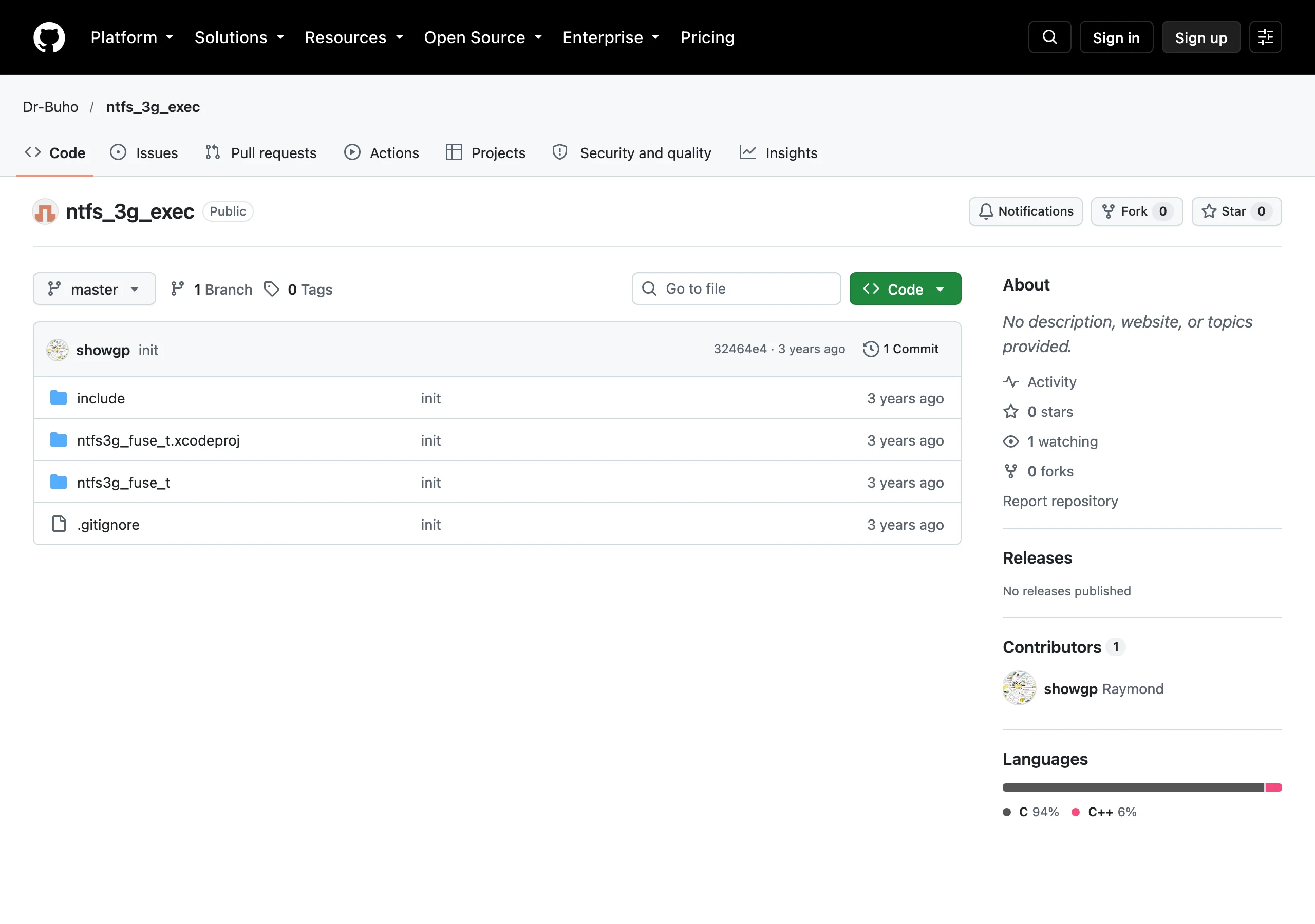 GitHub 上 Dr-Buho 的 ntfs_3g_exec 倉庫頁面，只有一次 init 提交