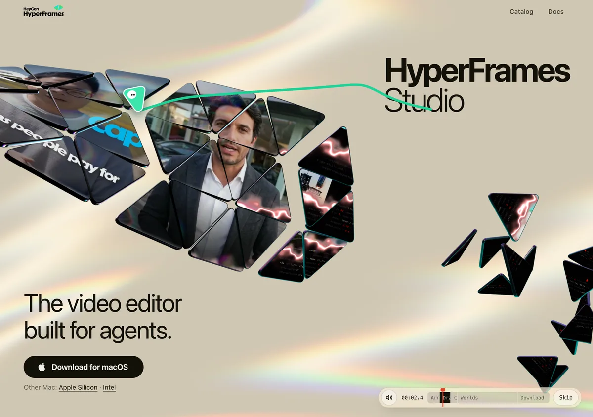 AI 剪輯一週十項工作清單,第十項是四次向 IT 要點數 3 HyperFrames 官網首頁,主標題 The video editor built for agents,首屏附 macOS 下載按鈕與 Linux 連結