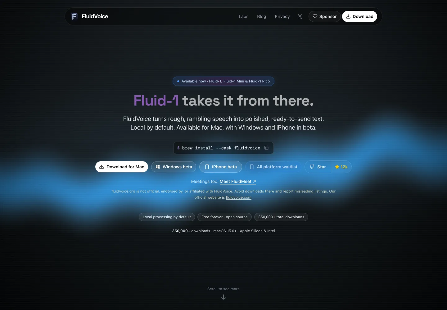 FluidVoice 免費本機語音輸入工具,中文聽寫先選對辨識引擎 2 FluidVoice 官方網站首頁,標示永久免費、本機處理預設與 35 萬次以上下載