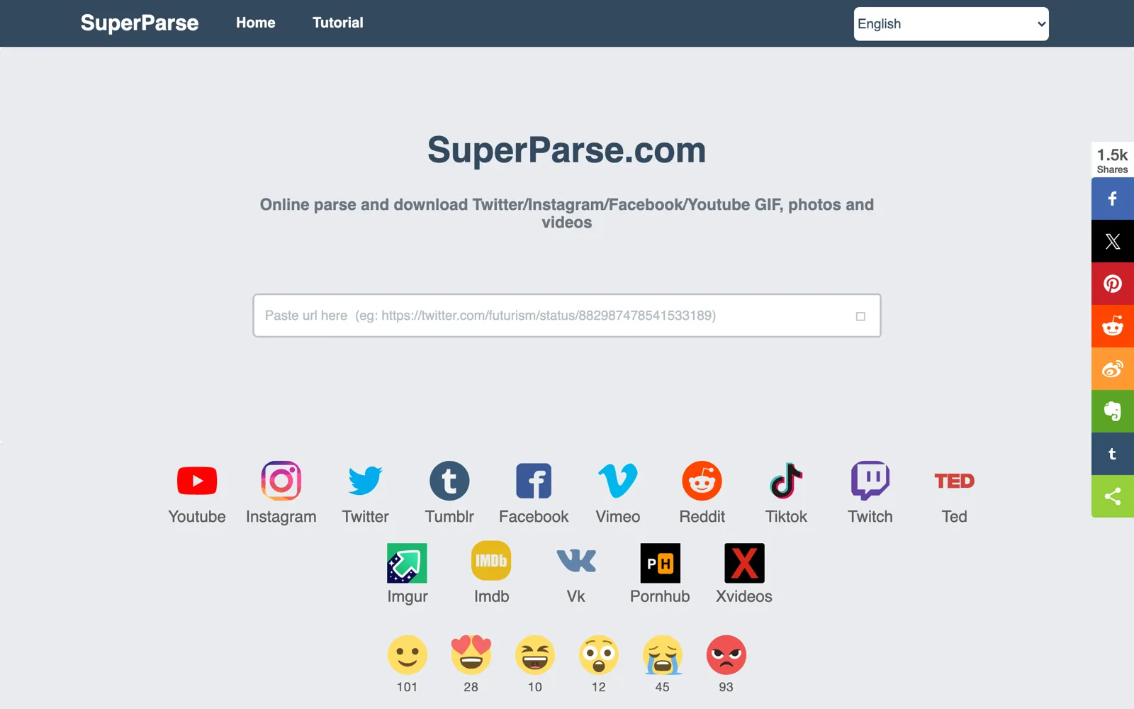 SuperParse 影片下載器實測:九次送出換不到一個下載連結 2 SuperParse 英文首頁,中央是貼上網址的輸入框,下方列出十五個支援平台的入口連結