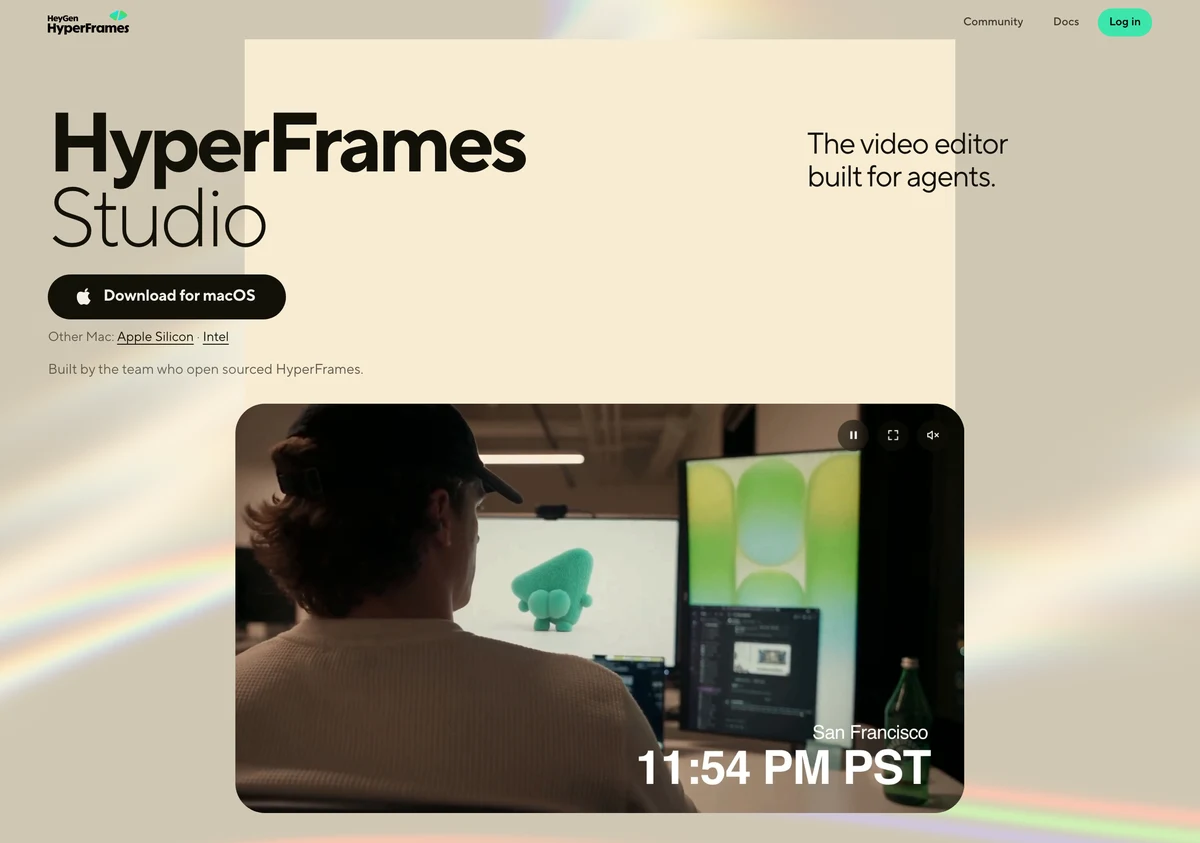 Moritz Kremb 四句 prompt:叫 Opus 5.5 自挑 SaaS 做發表影片 4 HyperFrames 官網首頁,標題為 HyperFrames Studio