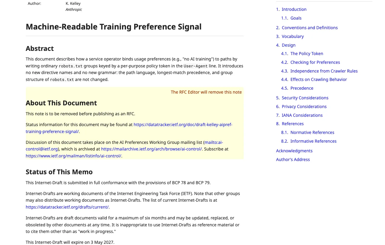 OpenAI 將支援 robots.txt 共同訓練偏好,一次表態多家讀取 2 IETF 草案文件頁面,標題為 Machine-Readable Training Preference Signal,作者欄顯示 K. Kelley(Anthropic),並標註到期日 2027 年 5 月 3 日