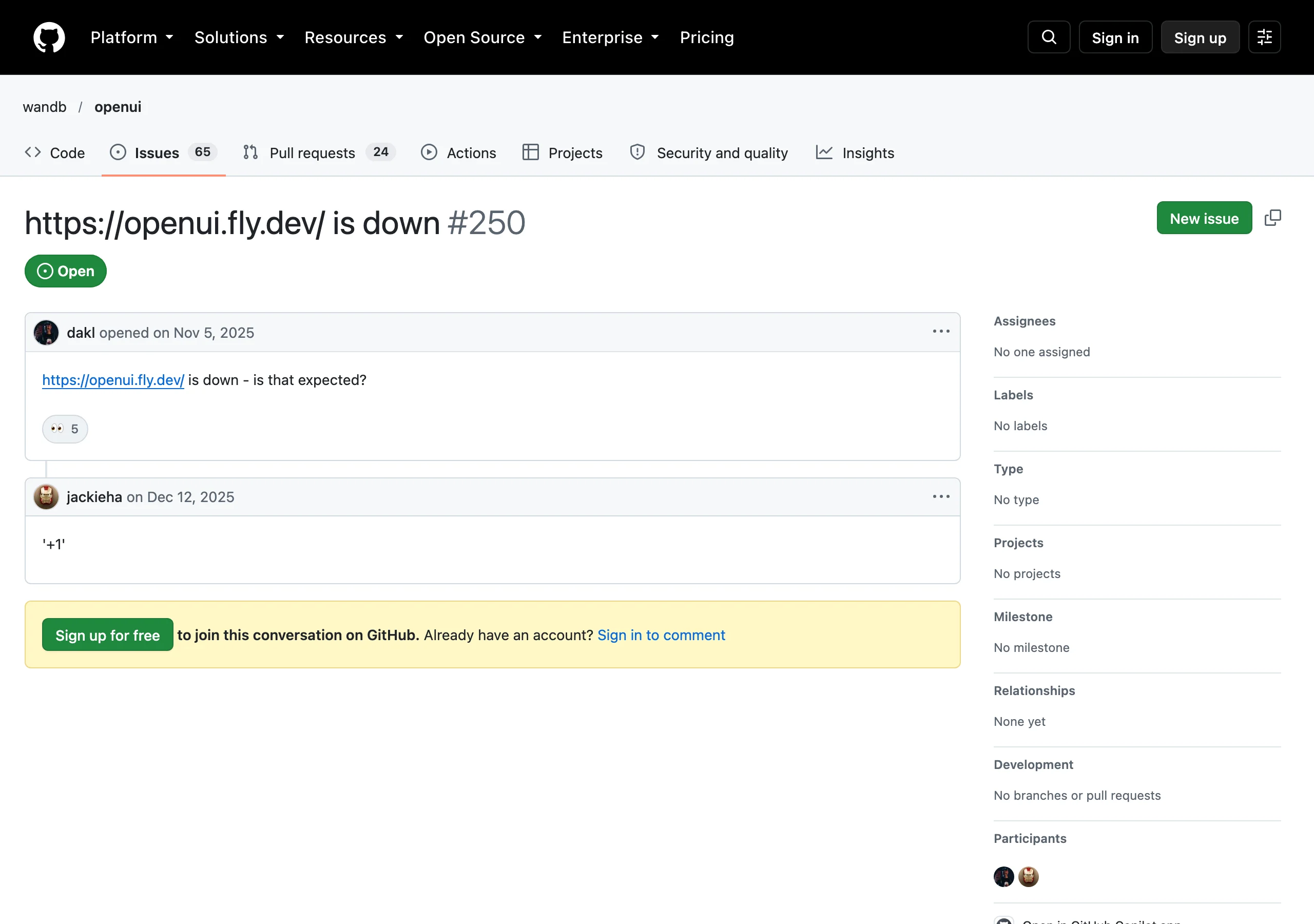 wandb/openui 儲存庫的 issue #250 頁面，標題寫著 openui.fly.dev is down，狀態開啟且無指派人