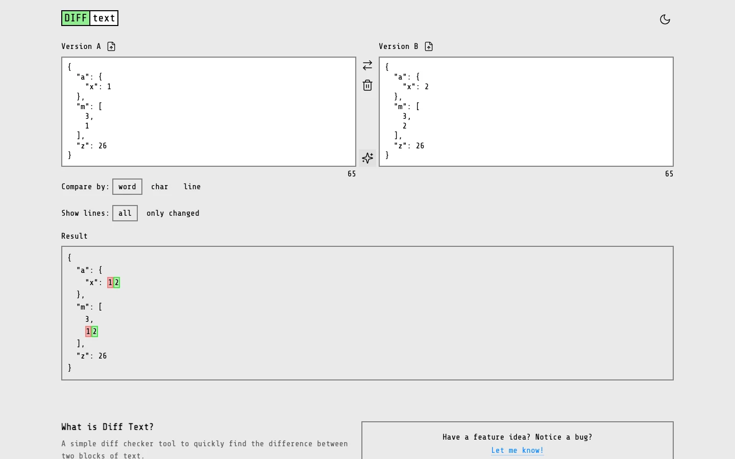 Diff Text 的 JSON 比對畫面，兩側欄位貼上 JSON 後以 Format JSON 按鈕整理格式再比對