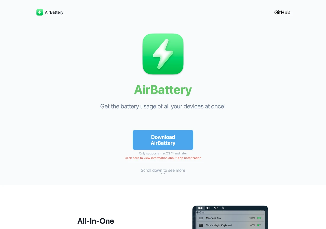 AirBattery 開源 Mac 電量工具,把蘋果裝置電力收進選單列 2 AirBattery 官方網站首頁:App 圖示、Download AirBattery 下載按鈕,以及僅支援 macOS 11 以上系統的標示